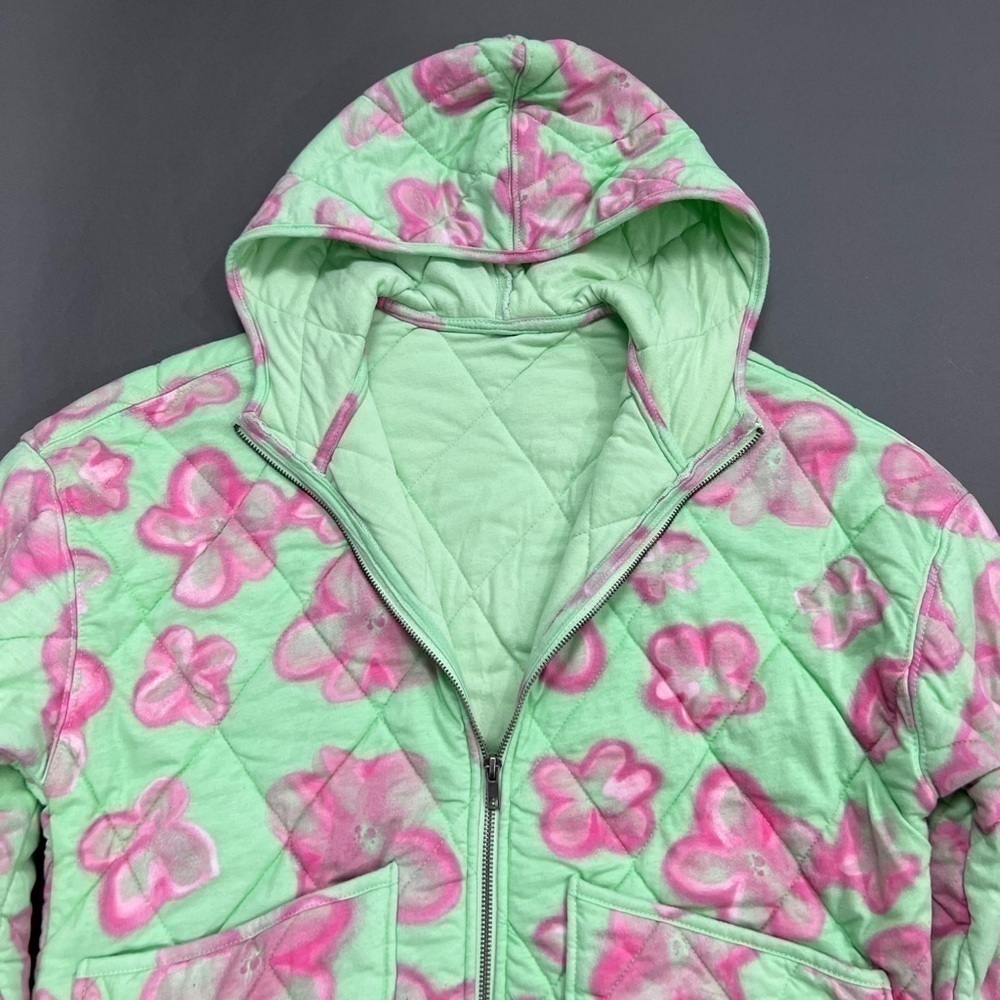 Blanketed Abstract Floral Print Hooded Zip Up Quilted Jacket - Picture 5 of 6